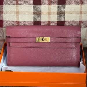 Authentic Hermès Kelly Classic Long Wallet - Bois de Rose Chèvre Mysore Goatskin